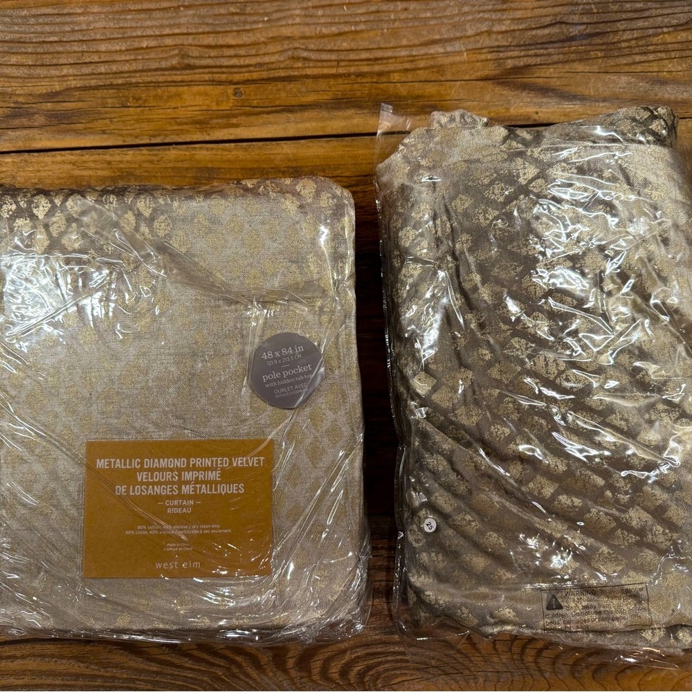 West Elm Velvet Velour Metallic Gold Diamond Black Out Curtains - Picture 6 of 11